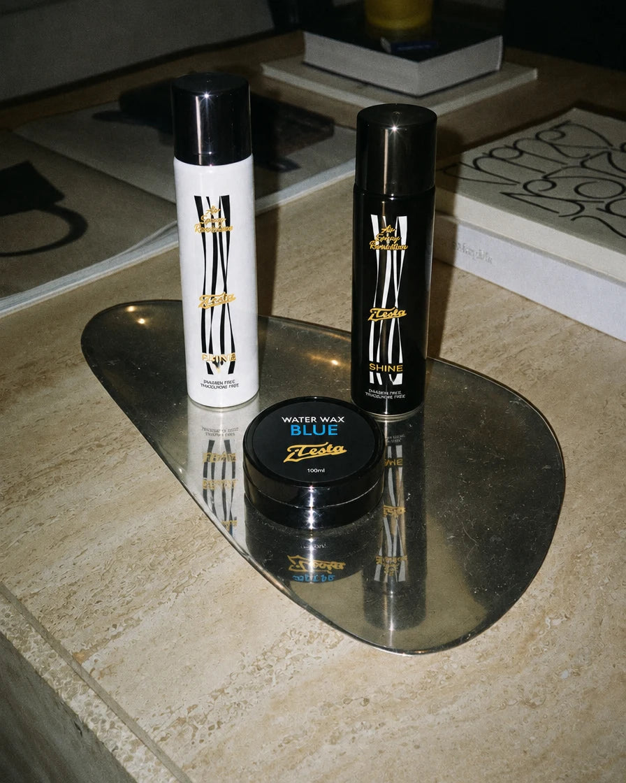 Fixing, Shine e Water Wax Blue I Testa su un vassoio a specchio